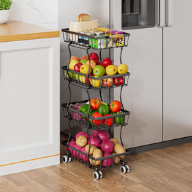 MJIMKE 4-tier cart front view showing stacked wire baskets for kitchen storage.