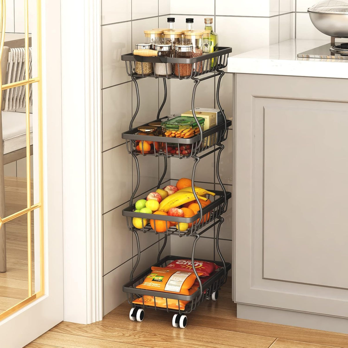 MJIMKE rolling pantry cart with wheels for easy kitchen mobility.