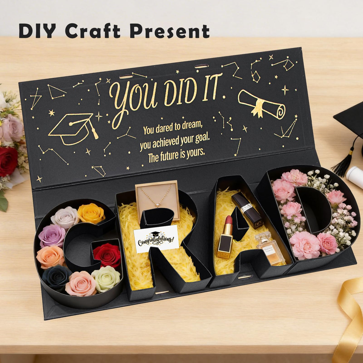 MJuAn graduation box 2026 with flowers adds elegant milestone display.