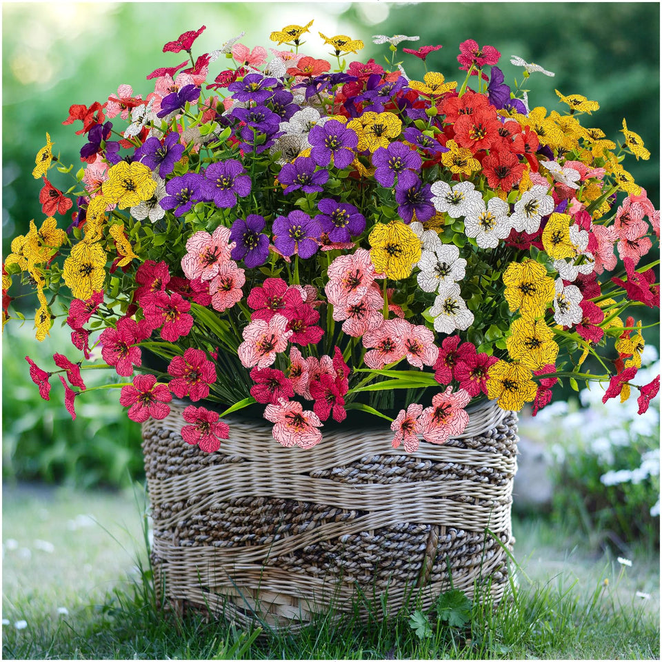 Mkeevee 24-bundle outdoor flowers in six colors for a vibrant, maintenance-free garden display.