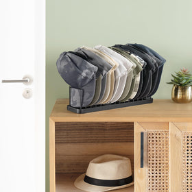 Mkono baseball cap rack front view showing elegant wood-metal frame
