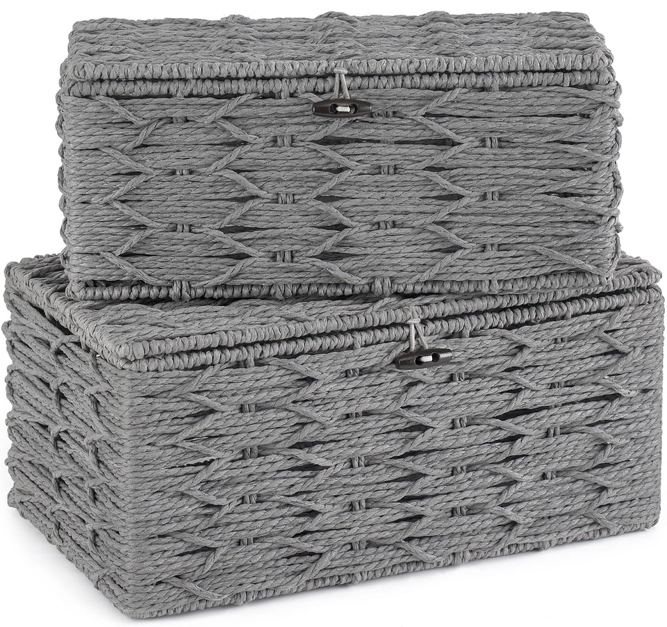 Mkono storage basket with lid on rectangular grey design for shelf organization