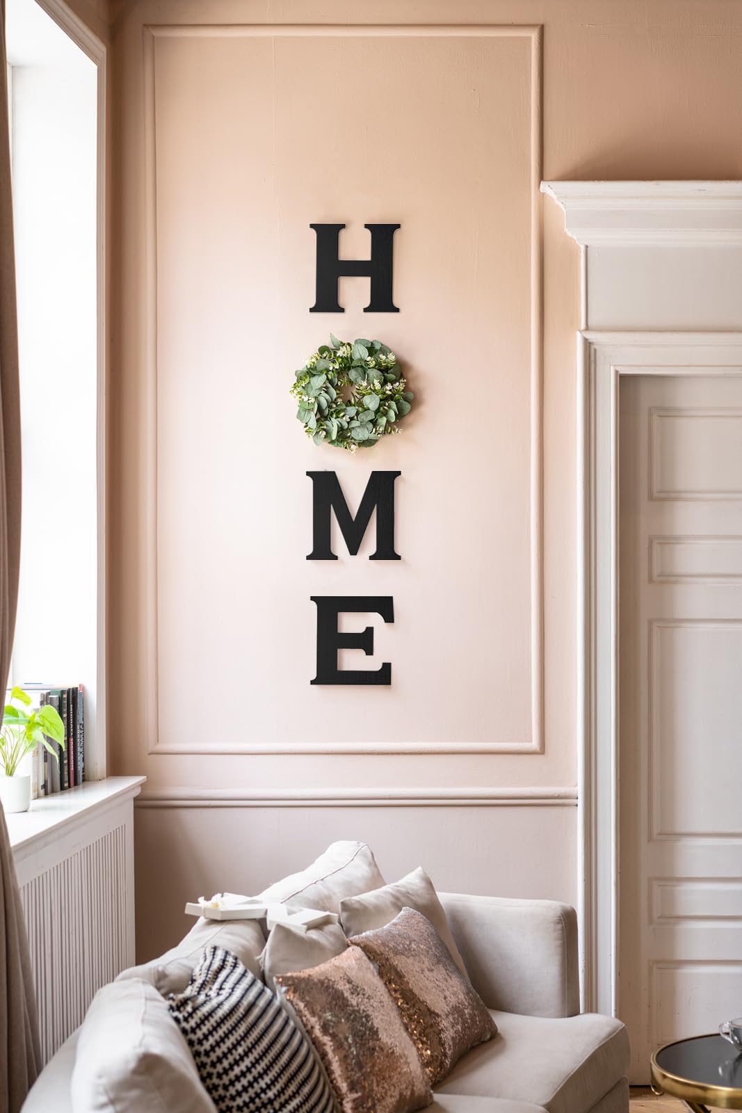 Mkono Farmhouse wall sign Wreath O with eucalyptus accent for a welcoming look.