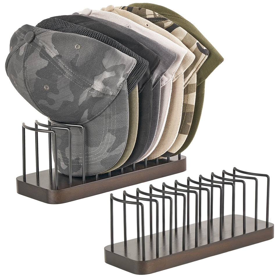 Mkono hat organizer two-pack displaying twenty caps neatly on a desk