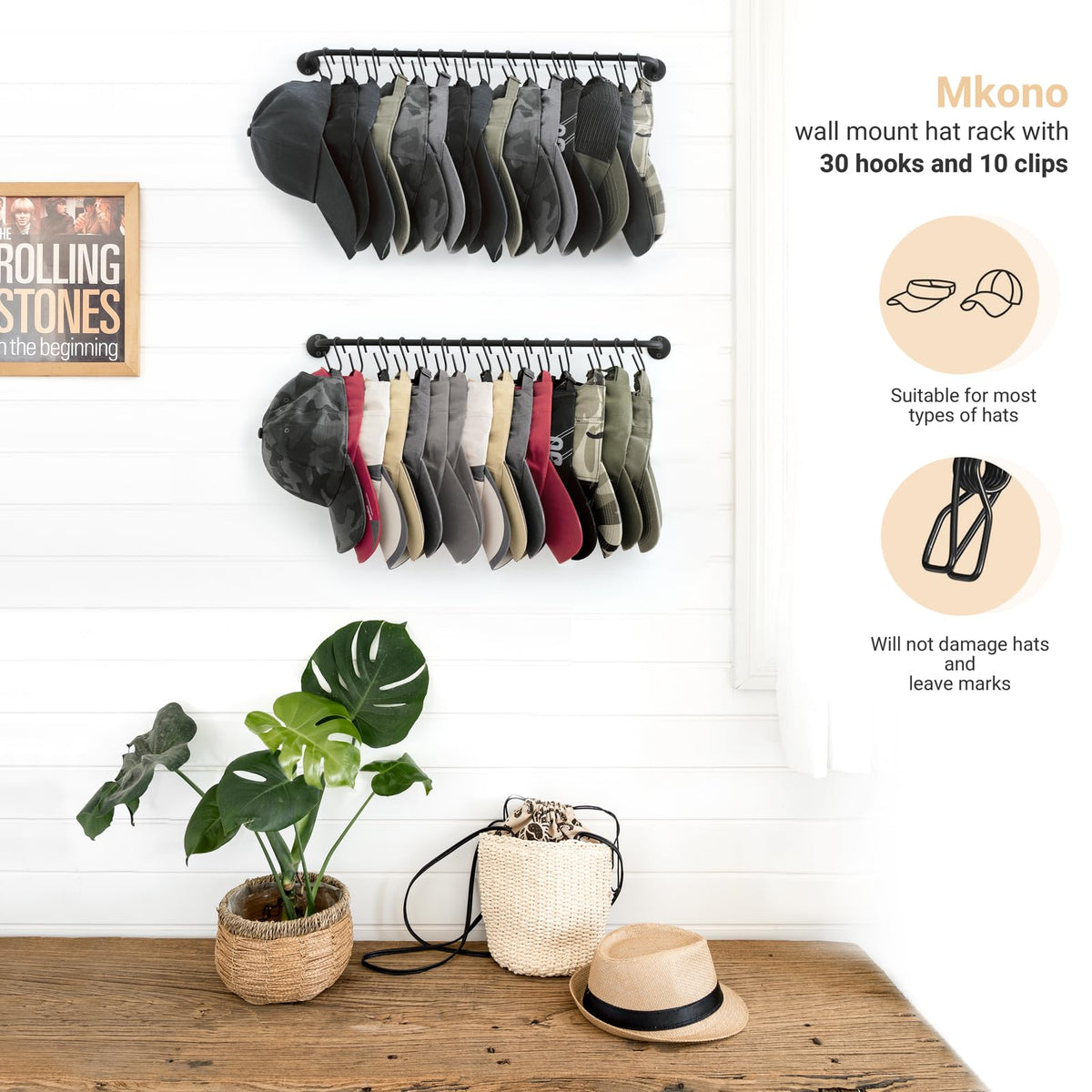 Side view of Mkono hat rack demonstrates compact footprint for small entryways.
