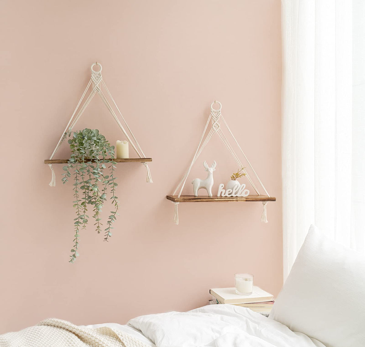 Mkono macrame shelves in boho ambience showcasing plant and photo display