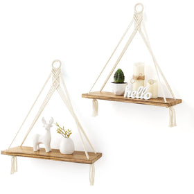 Mkono macrame hanging shelves with rustic wood detail for wall display