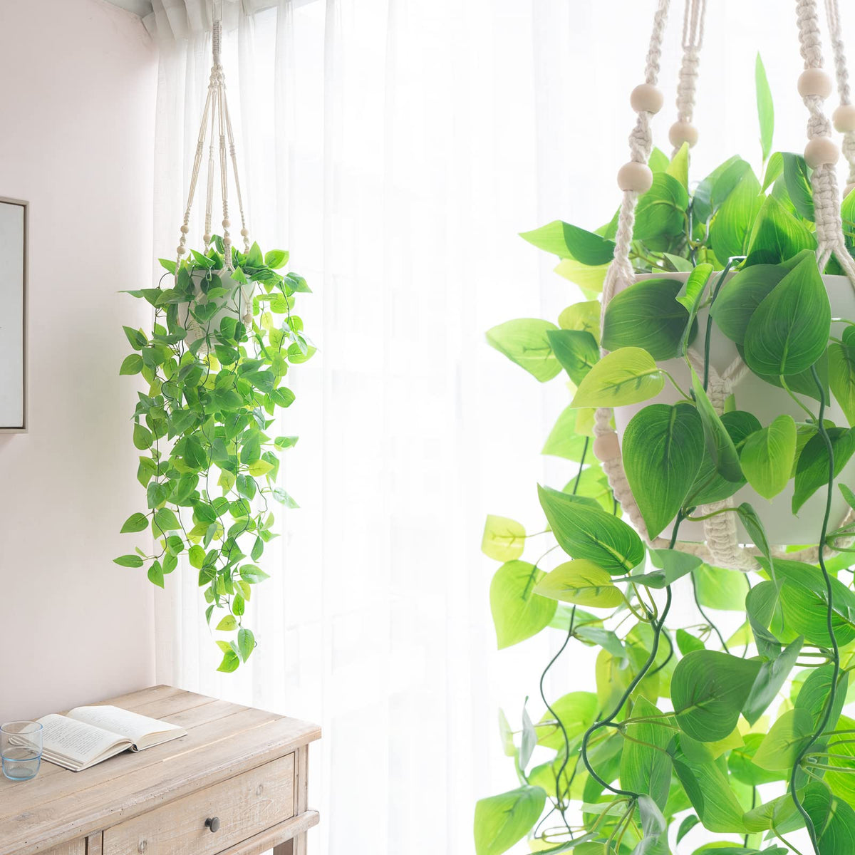 Mkono macrame plant hanger showcases 29-inch display for cozy corners.
