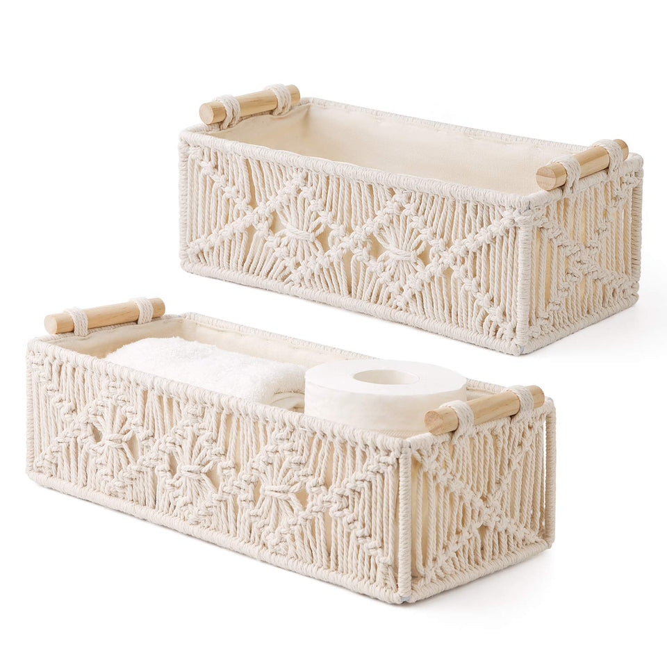 Mkono macrame storage baskets in ivory, set of two for versatile organization.