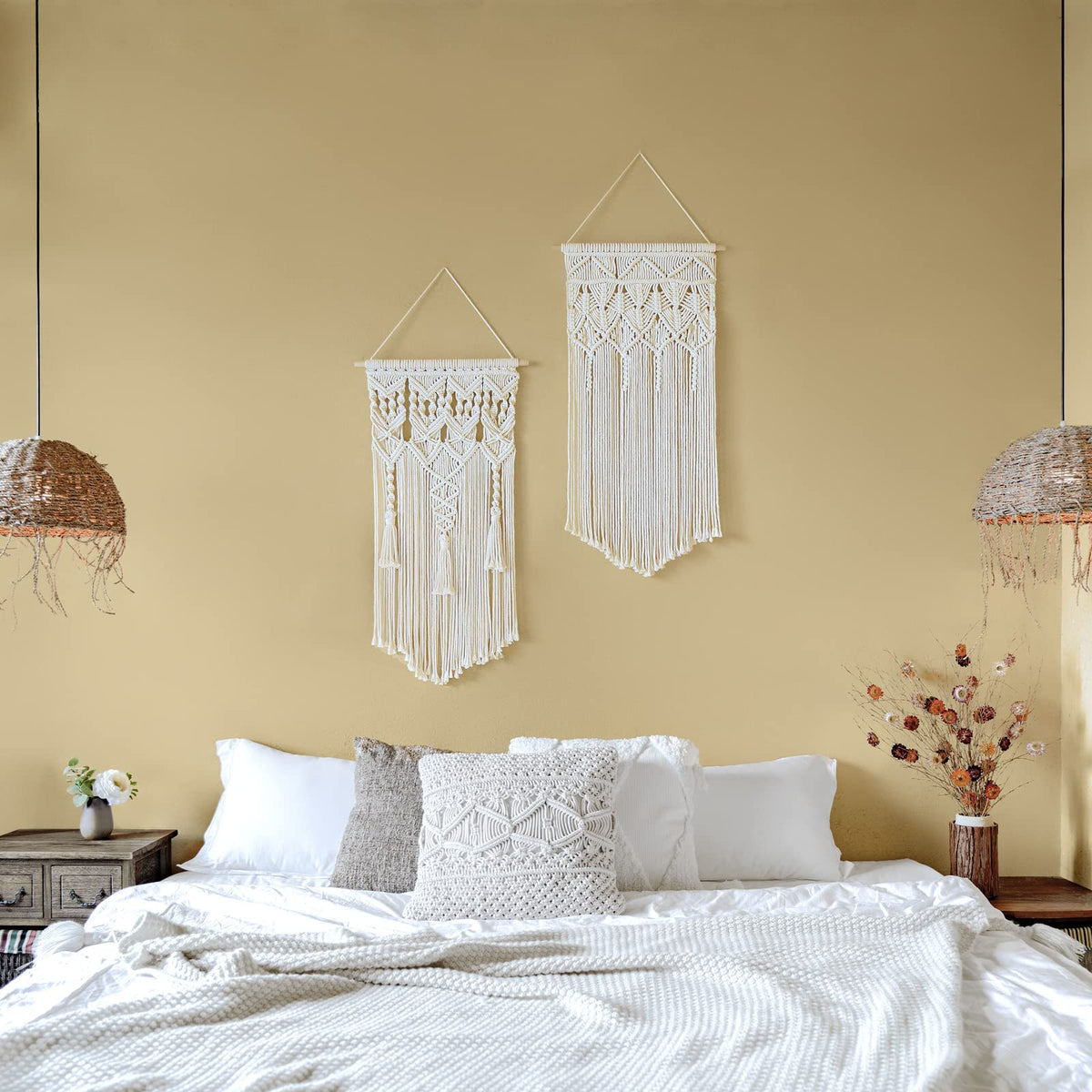 Close-up fringe detail on Mkono macrame wall hanging highlighting tassels.