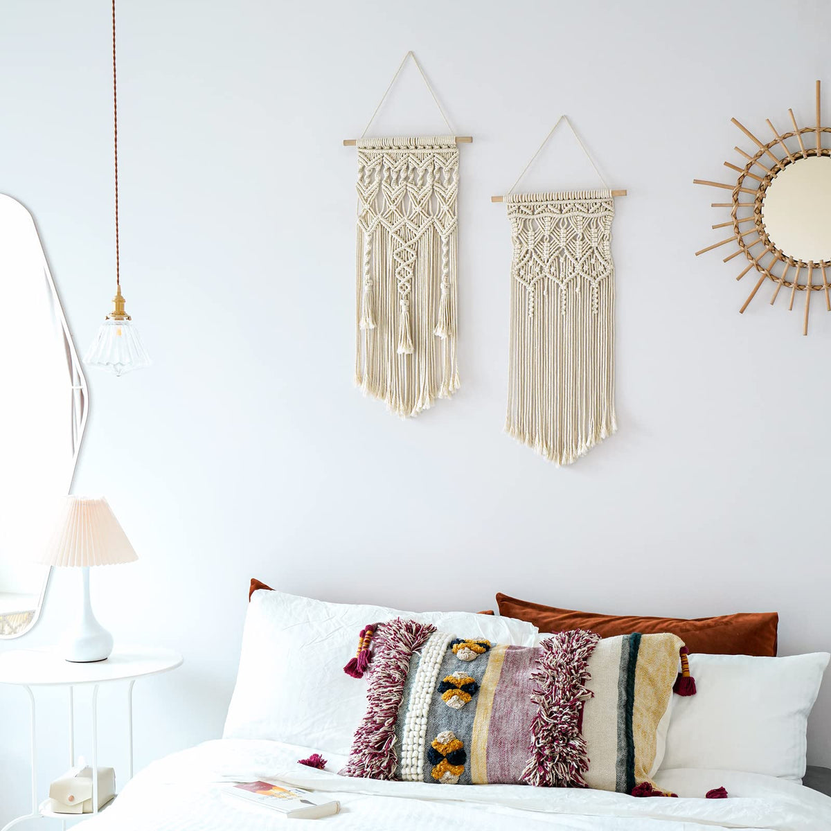 Mkono macrame wall hanging over bed adds texture and coziness