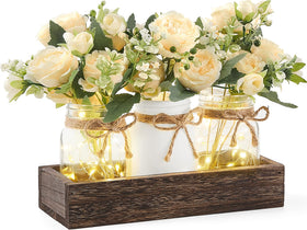 Mkono mason jar lights centerpiece on wood tray adds warm rustic charm.