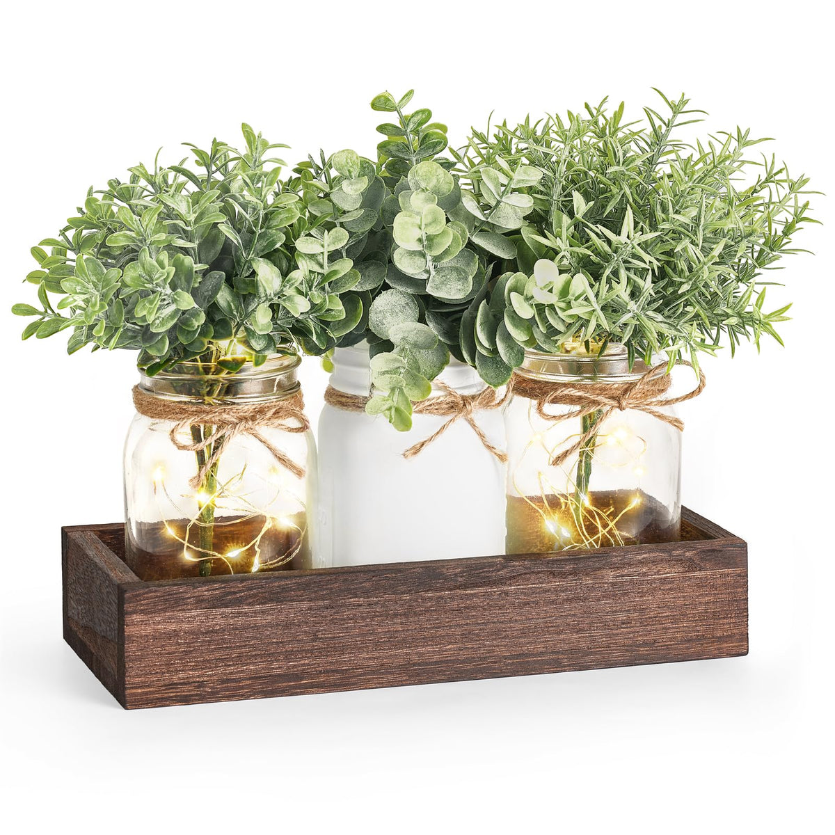Mkono Mason Jar Lights Centerpiece on dining table with warm ambient glow