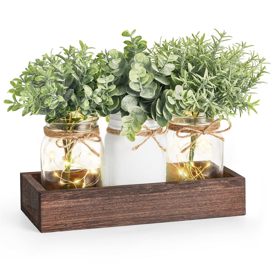 Mkono Mason Jar Lights Centerpiece on dining table with warm ambient glow