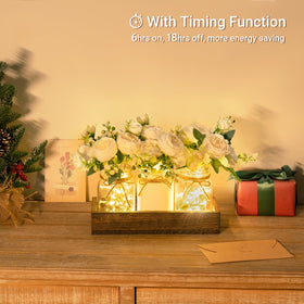Mkono Mason Jar Lights with three jars glow for ambient dining ambiance.