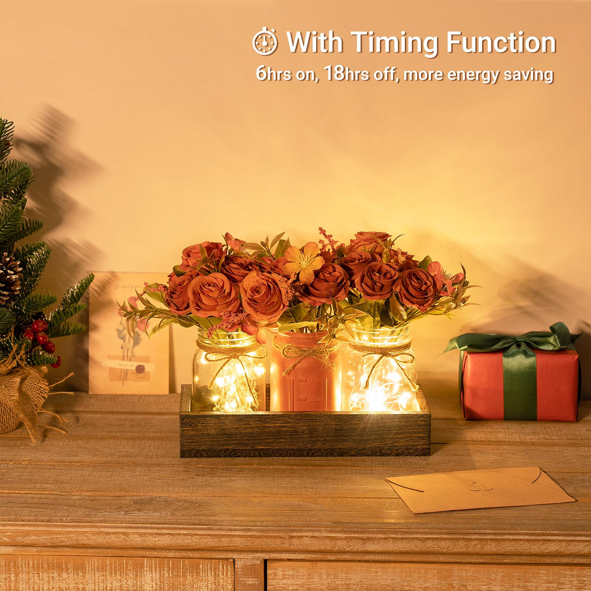 Mkono three jars with flowers add soft illumination for coffee table decor.
