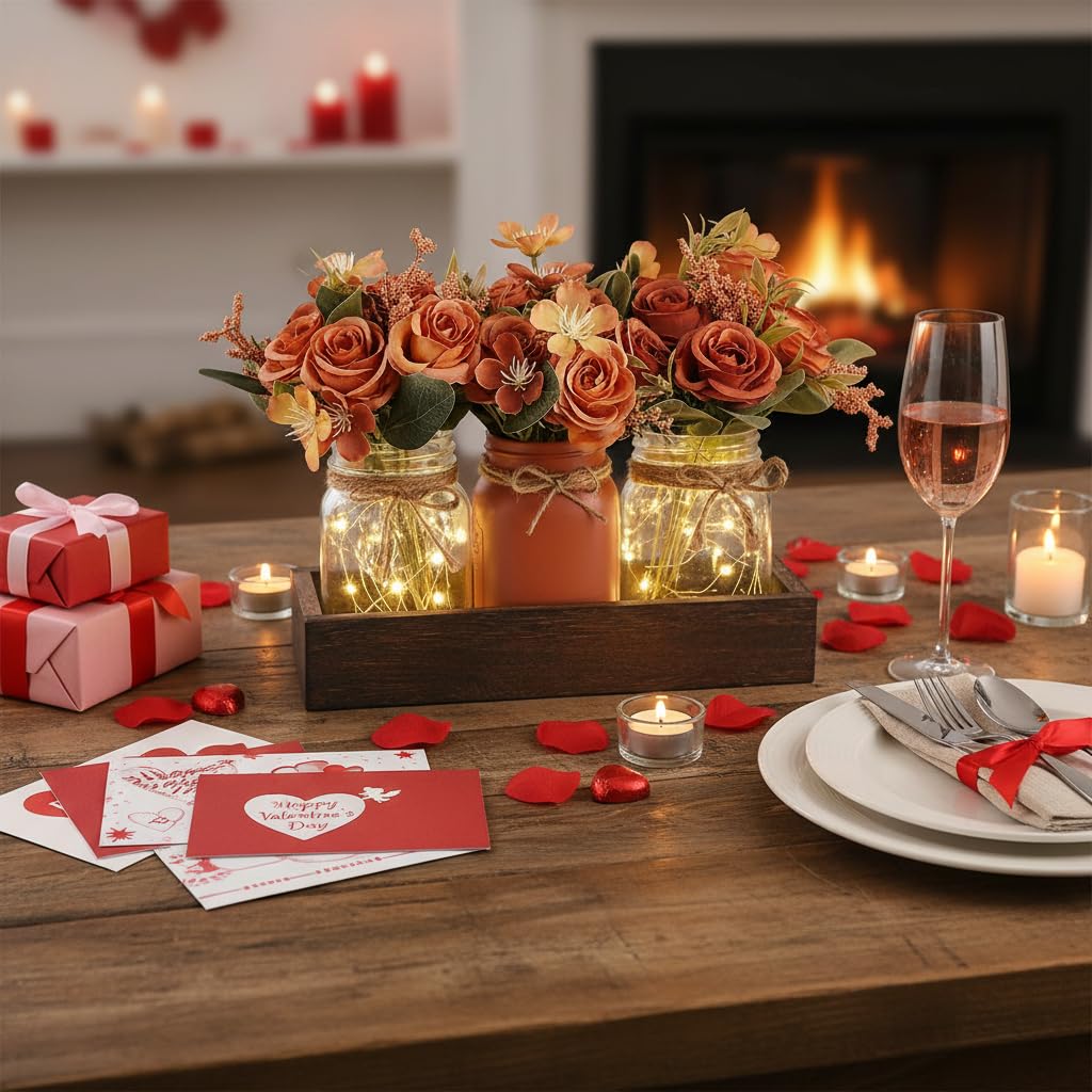Mkono warm glow mason jar lights create cozy living room atmosphere.