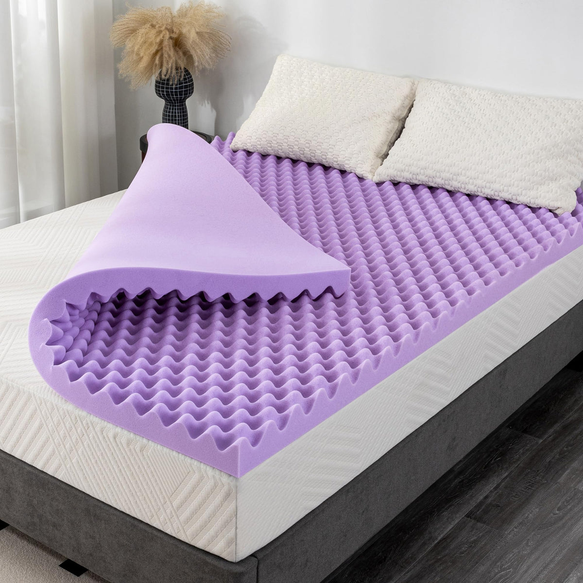 MLILY 2-inch egg-crate queen topper with lavender scent for cushioned support.