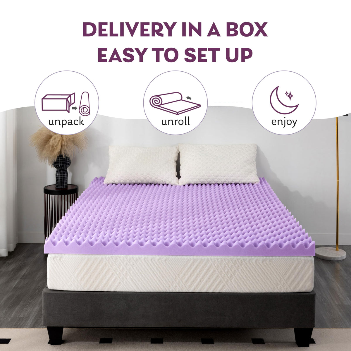 MLILY egg-crate topper adds cushioning and supports proper spinal alignment.