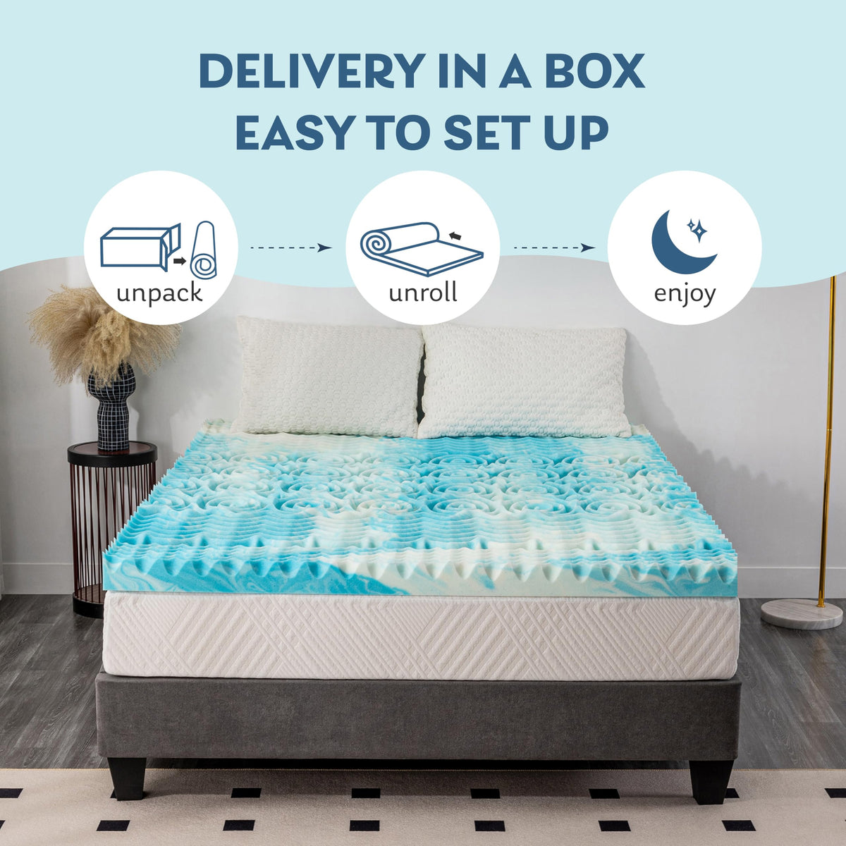 MLILY topper demonstrated on bed, sofa bed, and RV bed for versatile comfort.