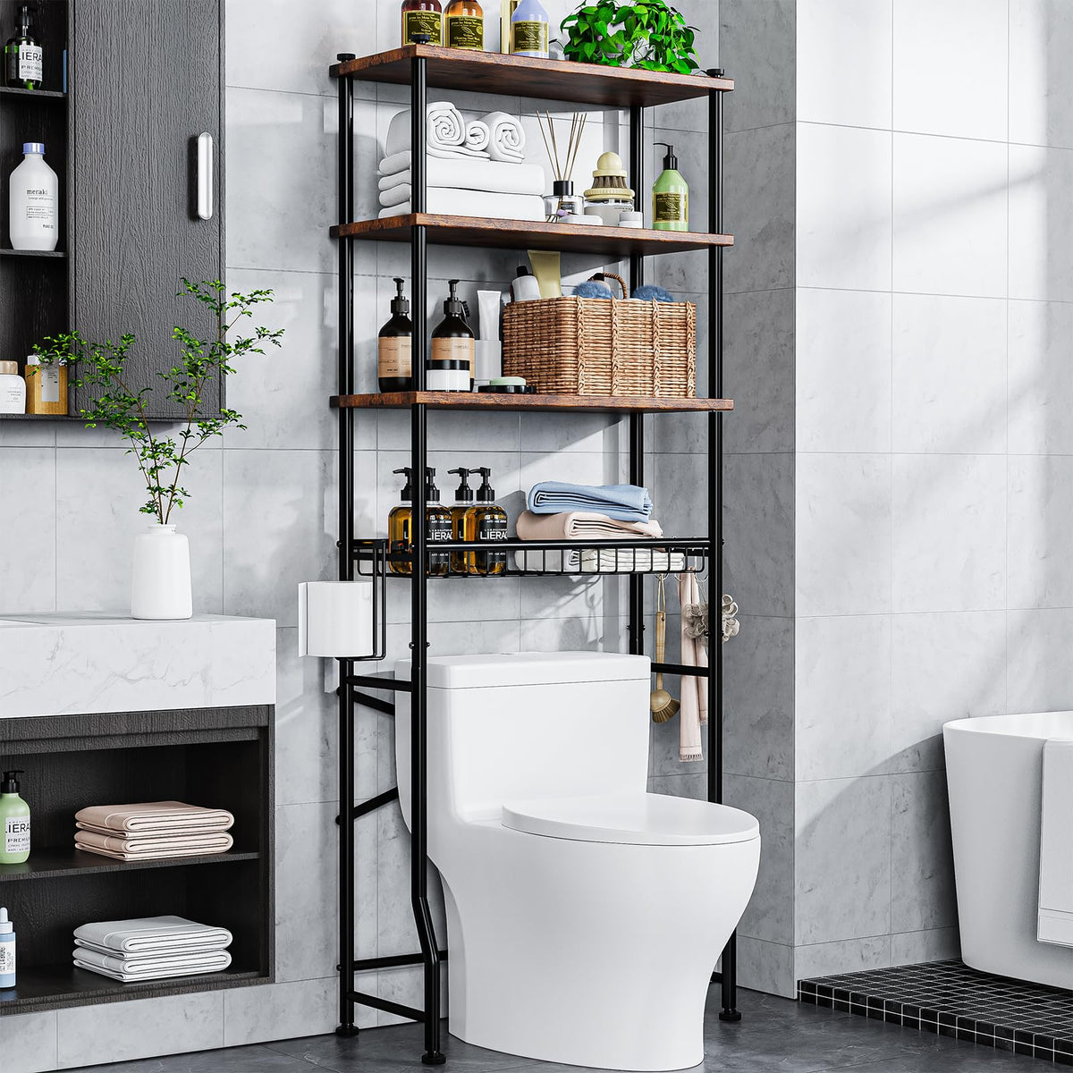 Mlinavn over-the-toilet shelf showing quick twist-assembly for easy setup