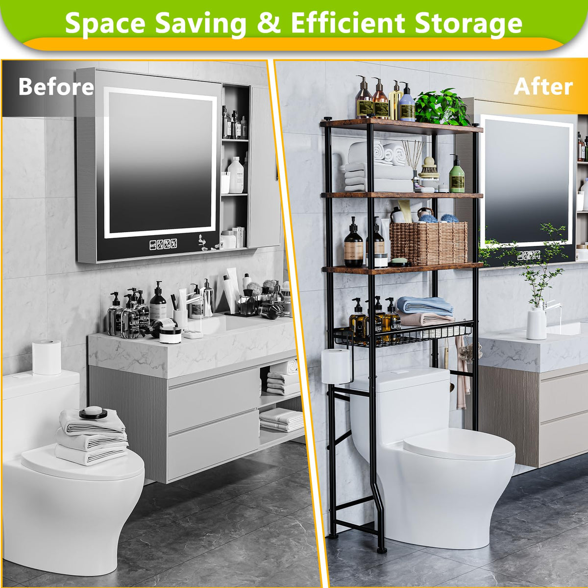 Mlinavn shelves hold towels and shower essentials in a compact space