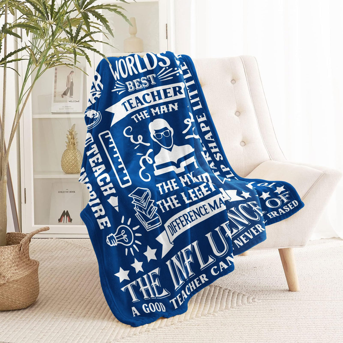 Mlkdcid teacher blanket on a couch creates a welcoming home-office vibe
