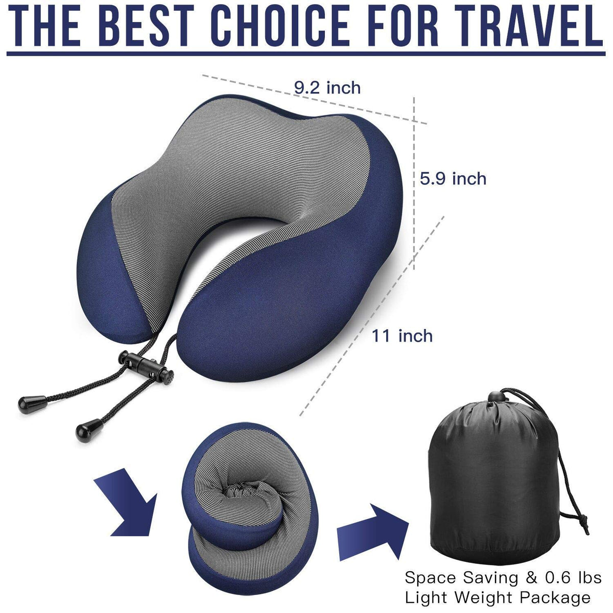 MLVOC blue neck pillow packed in a compact travel bag