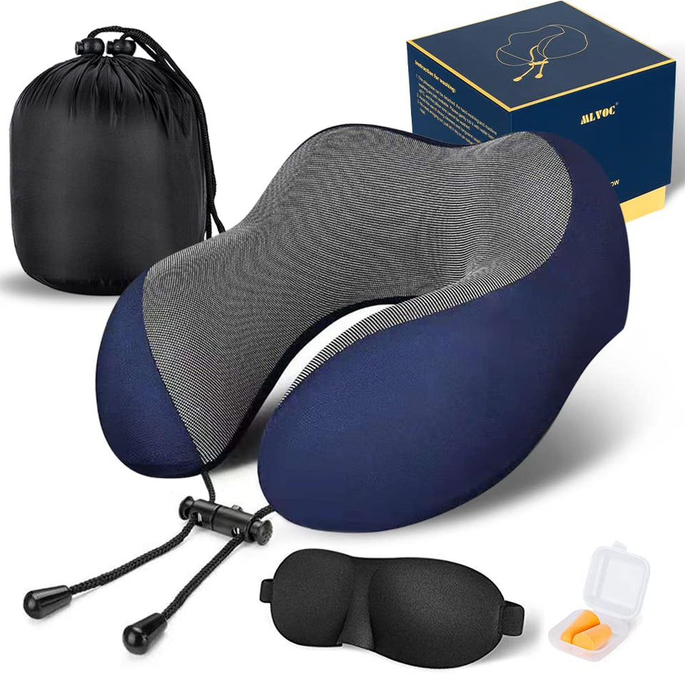 MLVOC neck pillow blue front view showing ergonomic support