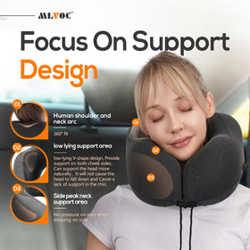MLVOC travel neck pillow with adjustable strap adapts to different neck sizes on flights.