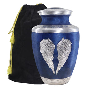 M MEILINXU urn in dark blue with silver angel wings for a dignified memorial.