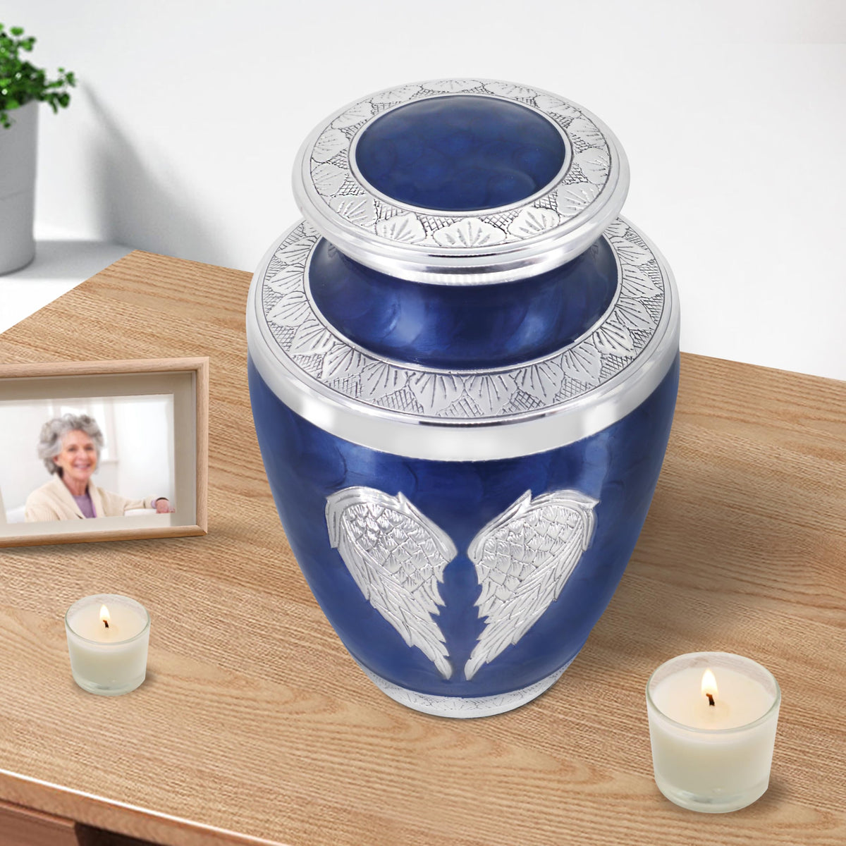 M MEILINXU front view showing angel wings and blue-silver finish.