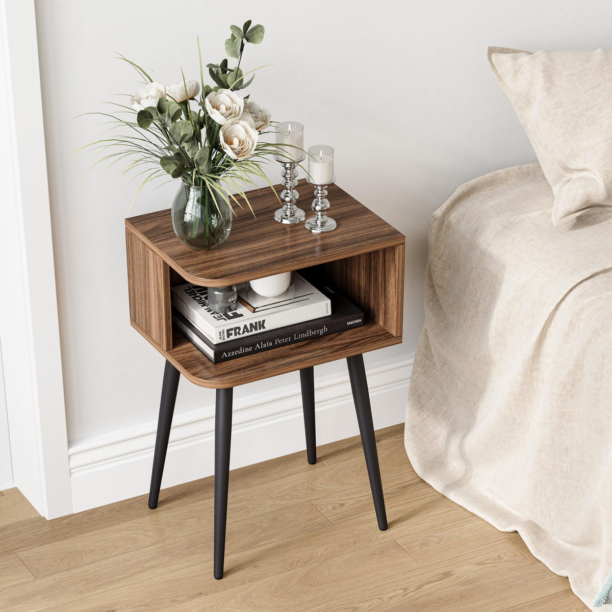 MMEOLUOOK compact nightstand fits tight spaces and adds surface area.