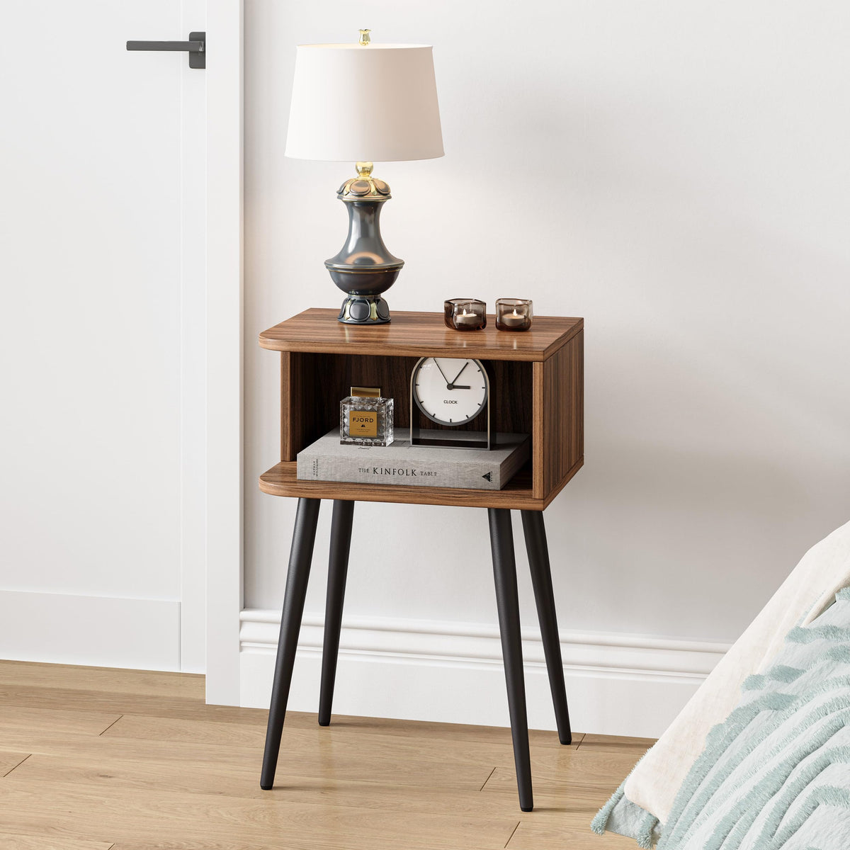 MMEOLUOOK mid-century walnut finish nightstand enhances compact spaces.