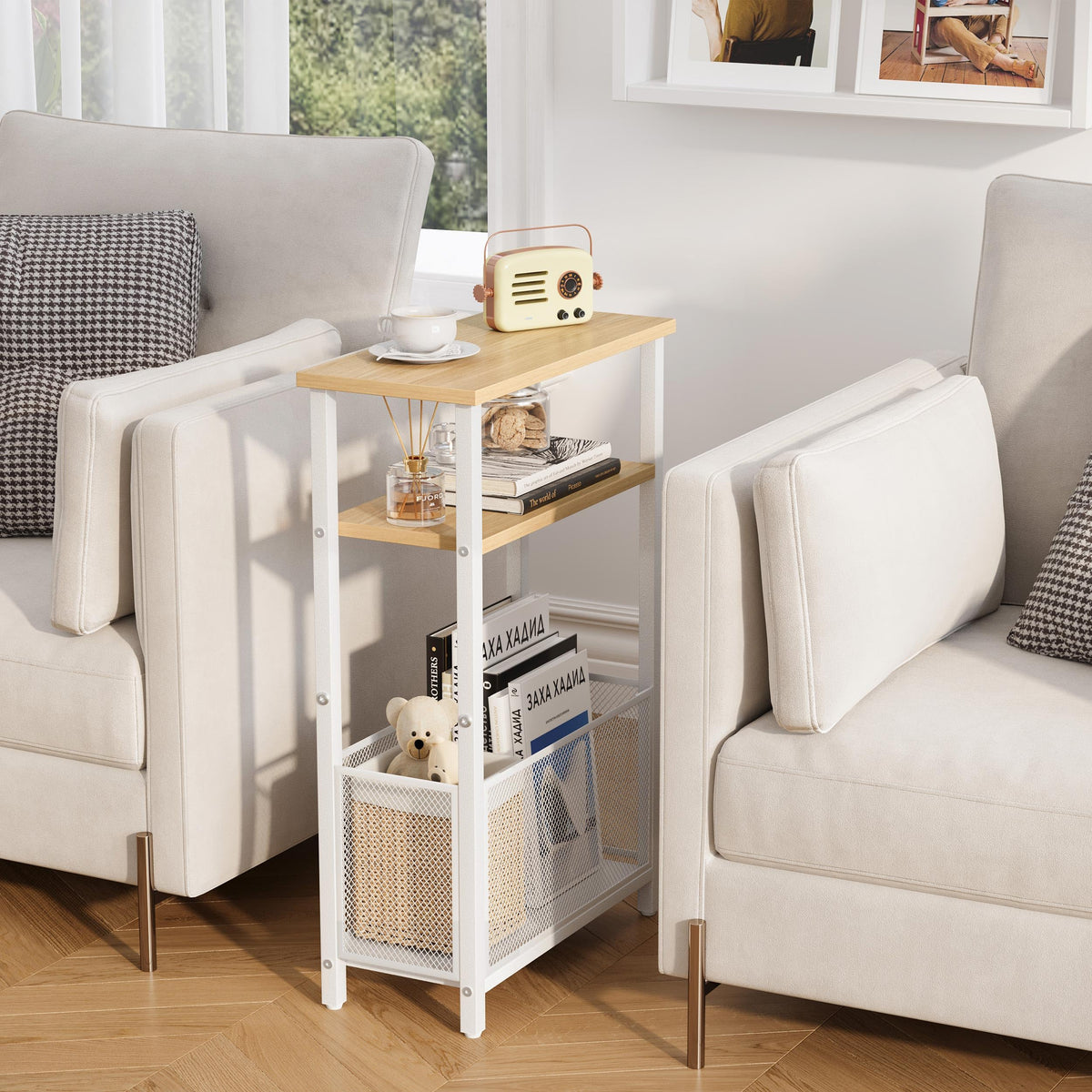 MMEOLUOOK slim end table shows adjustable feet protecting floors