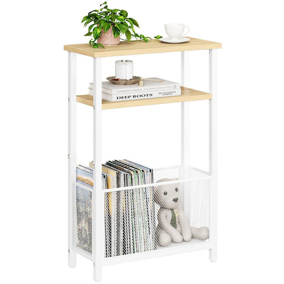 MMEOLUOOK narrow side table with storage basket front view keeps magazines neatly organized