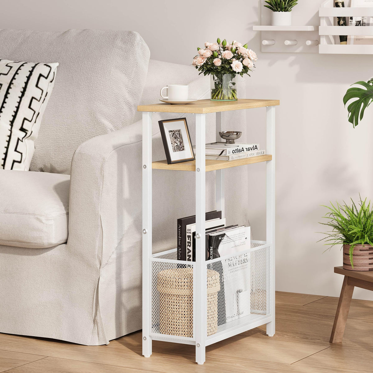 MMEOLUOOK narrow side table storage basket with three-tier shelves for living room use