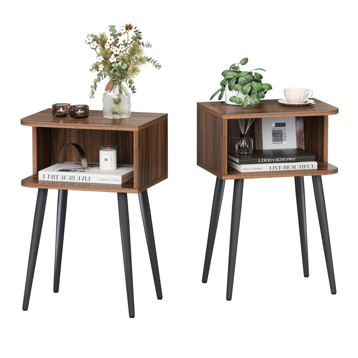 MMEOLUOOK nightstand with two-tier open storage beside the bed for easy reach.