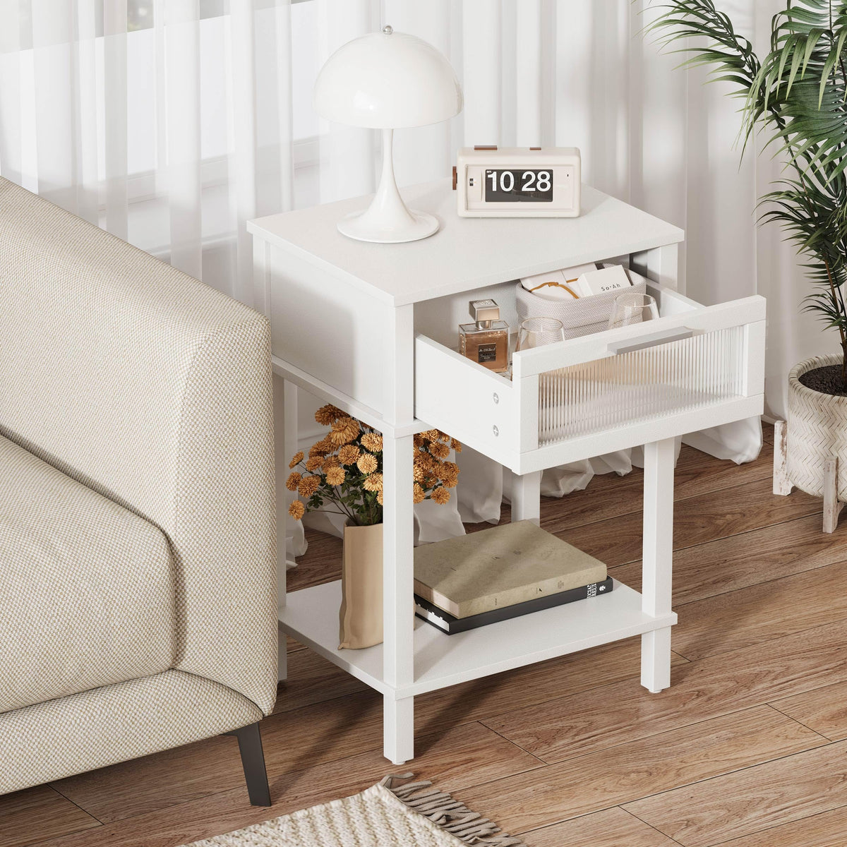MMEOLUOOK nightstand in a cozy bedroom scene showcasing compact storage