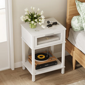 MMEOLUOOK nightstand wood finish close-up highlighting sturdy surface