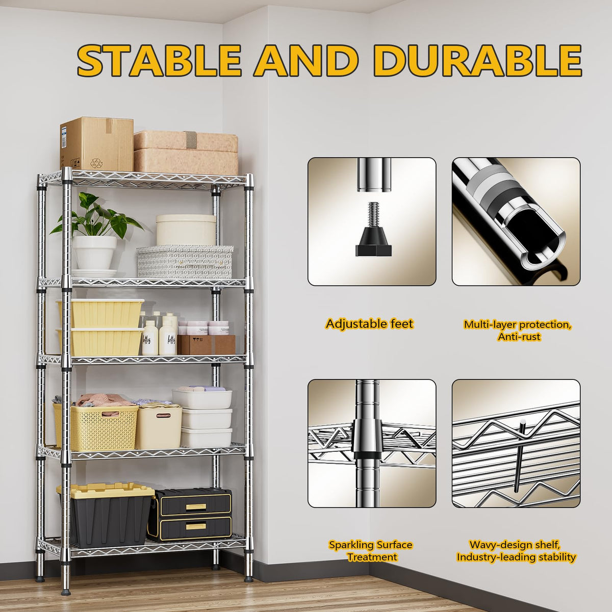 M MZG 5-tier shelf assembly instructions view, tool-free setup