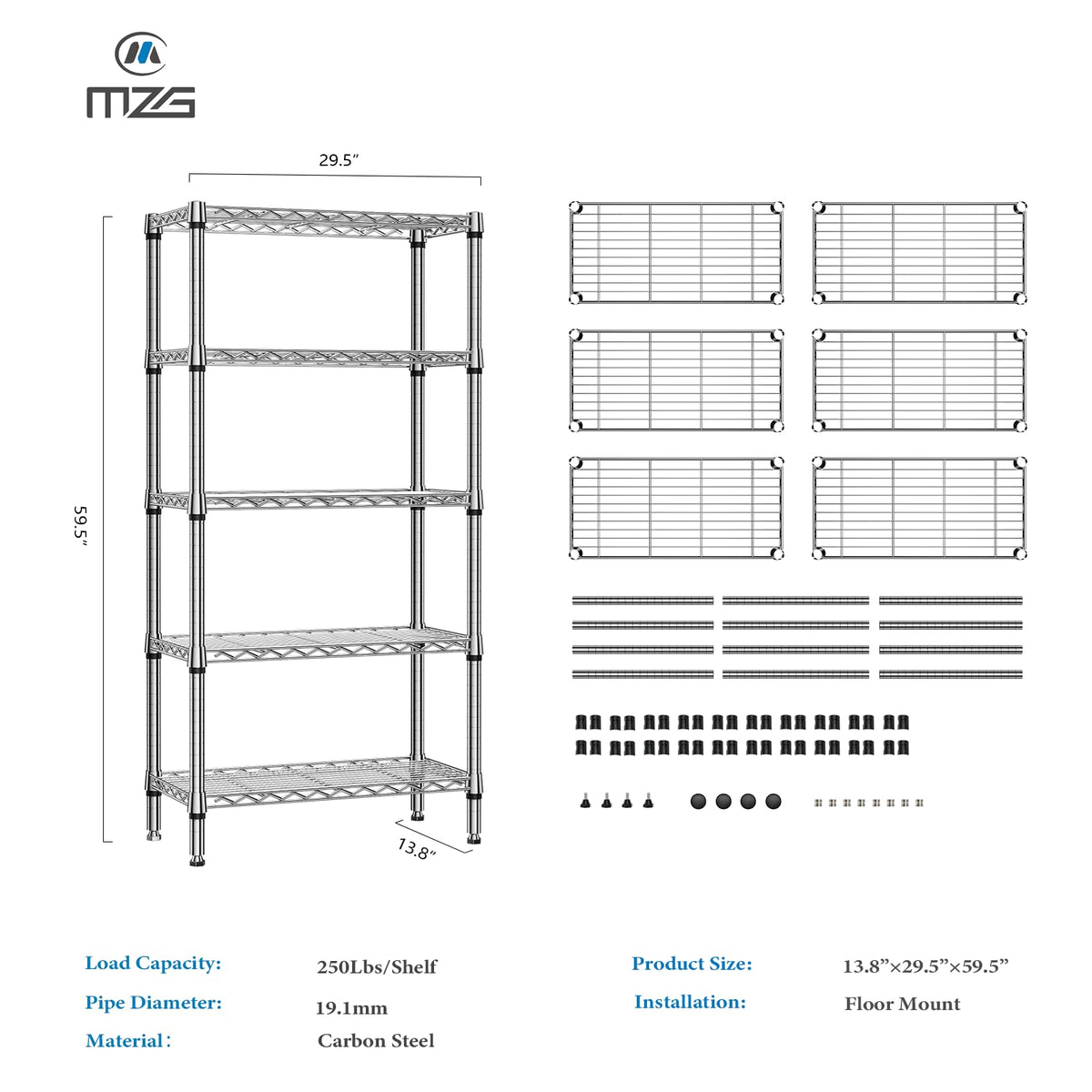 M MZG 5-tier shelf garage-storage setup with wide tiers