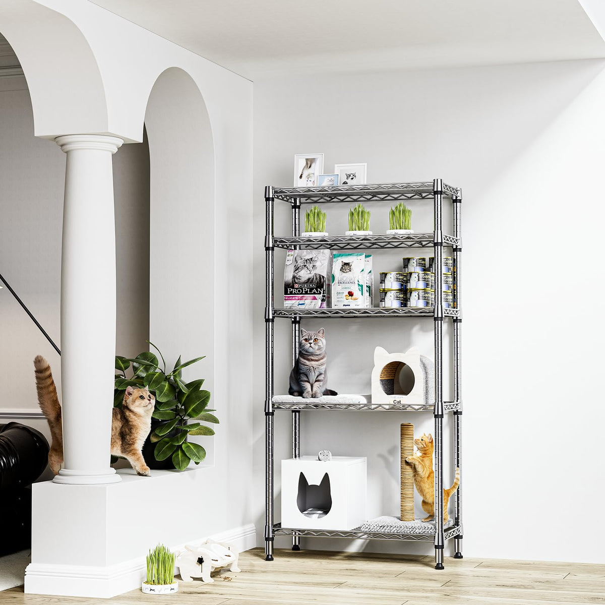 M MZG 5-tier shelf side view, compact depth for tight spaces