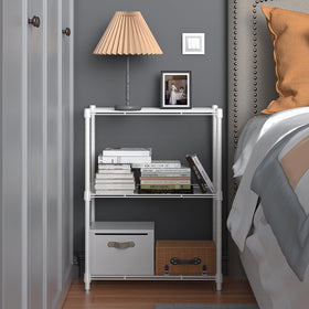 M MZG 3-tier wire shelving highlights compact dimensions ideal for kitchen or office.