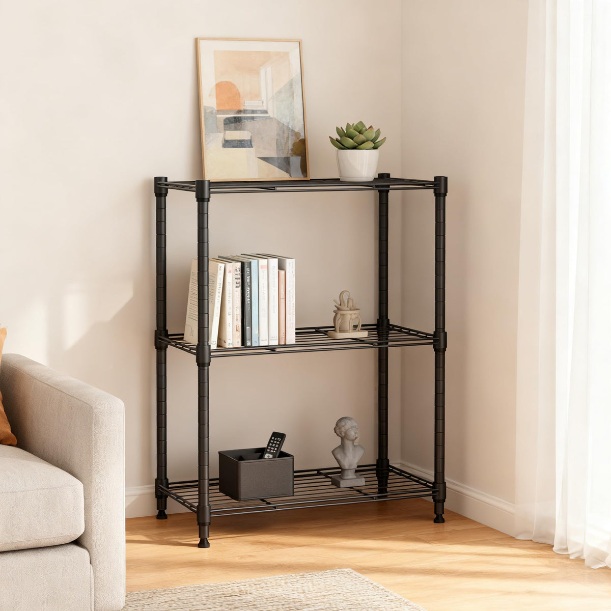 M MZG adjustable shelves enable flexible organization for varying item heights.