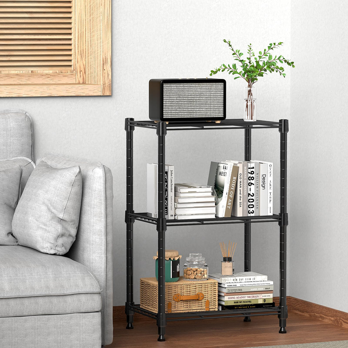 M MZG 450lbs steel shelving unit fully assembled demonstrates stable, spacious storage.