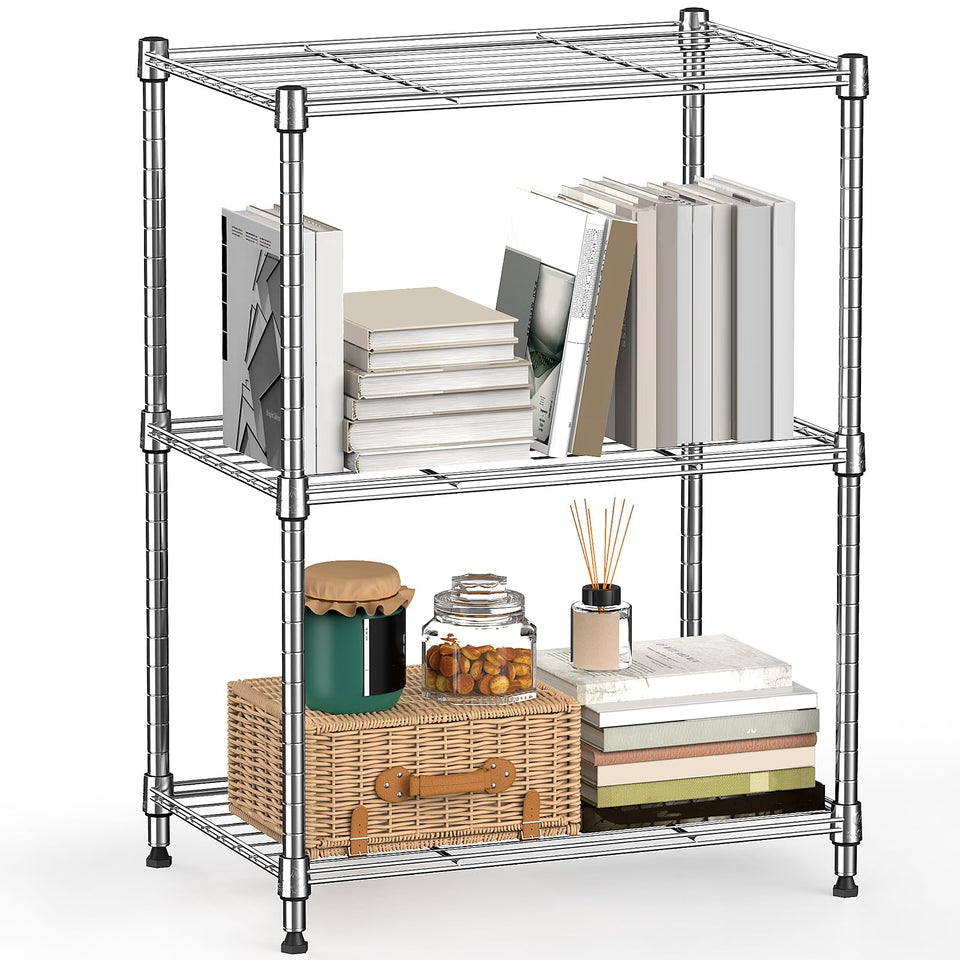 M MZG 450-lb wire shelving front view shows sturdy chrome frame for versatile spaces.