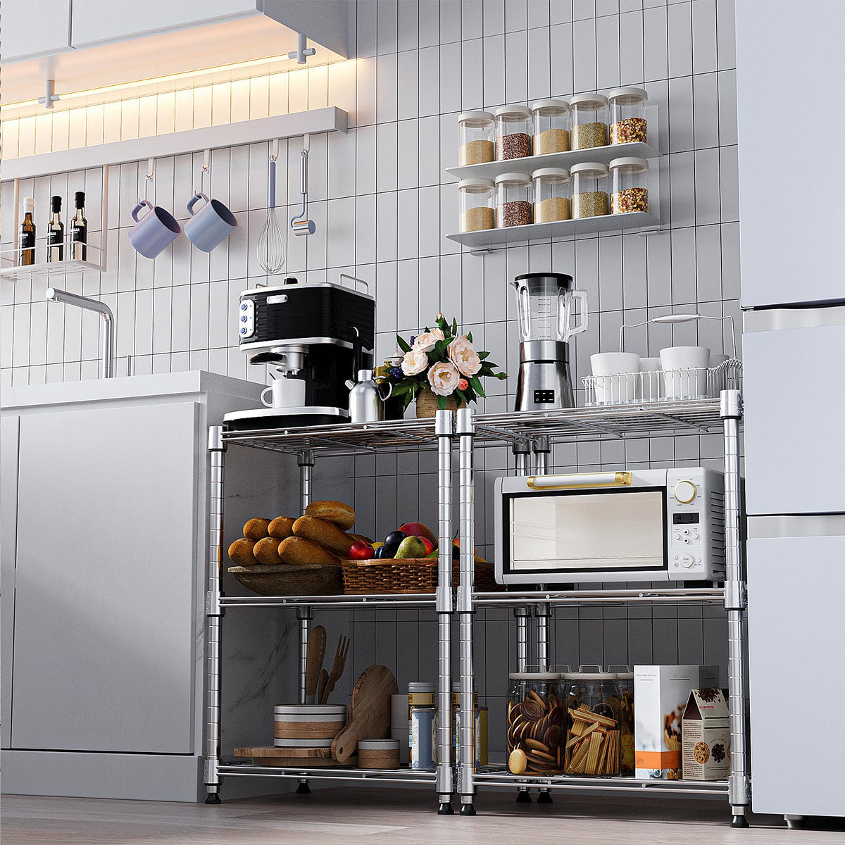 M MZG chrome finish shelving in kitchen scenario supports everyday items neatly.