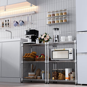M MZG chrome finish shelving in kitchen scenario supports everyday items neatly.