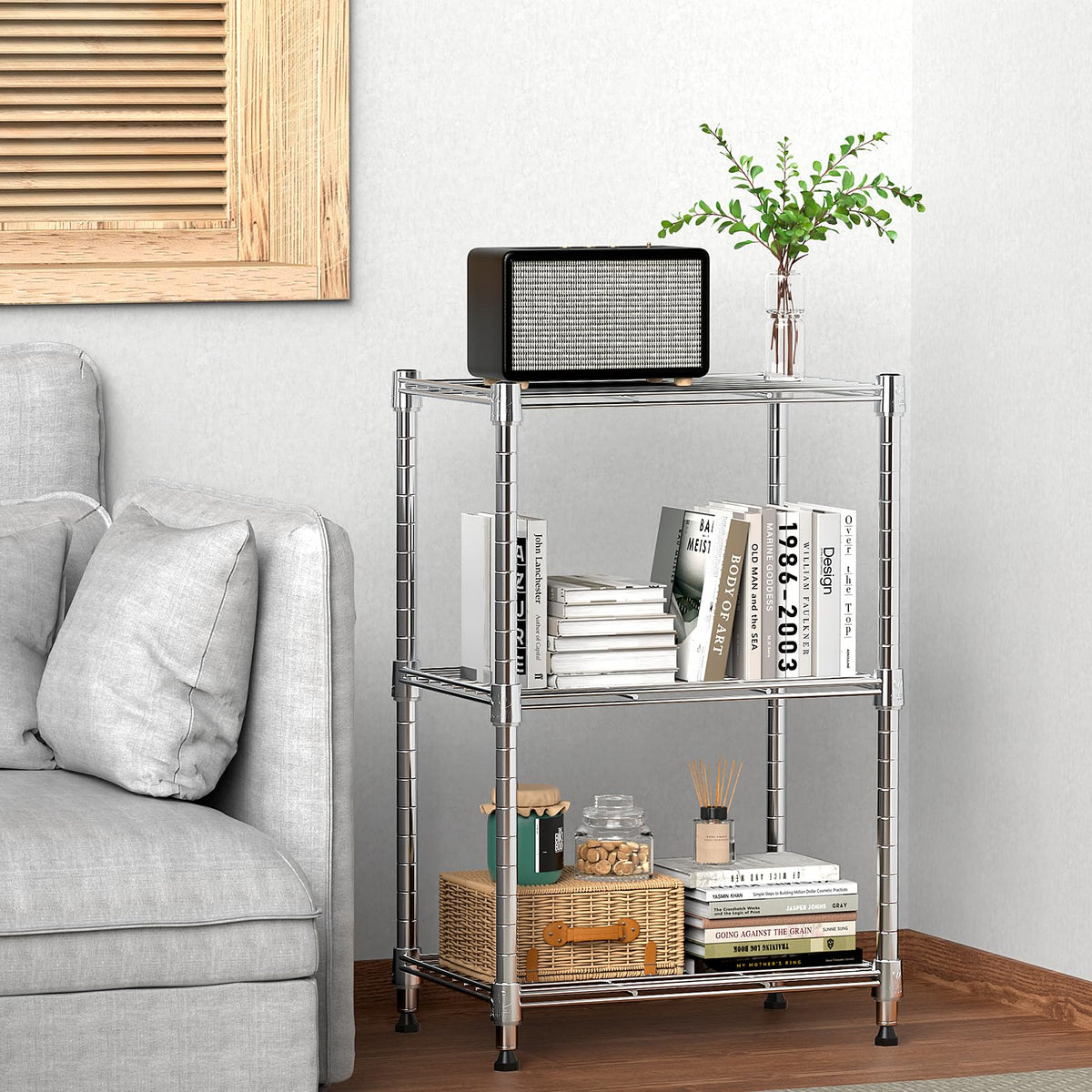 M MZG 450-lb shelving side view highlights stable base for heavy loads in any room.